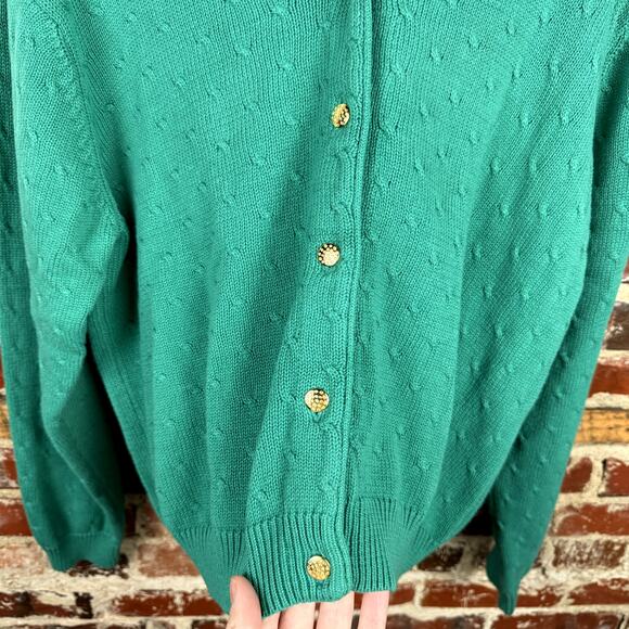 Vintage Izod Sweater Sz Large Green Cotton V Neck Button Up Cardigan Cable Knit - Picture 4 of 5